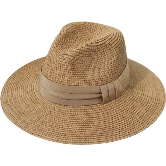 Women Wide Brim Straw Panama Roll up Hat Brown